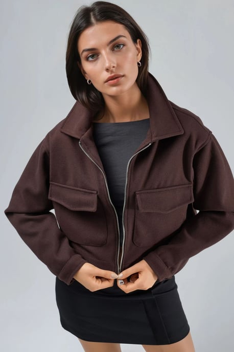 Crop Gabardine Jacket with Zipper and Pocket - Image 2