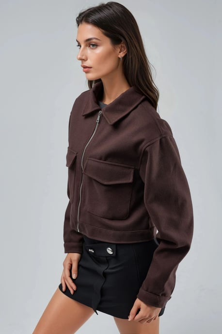 Crop Gabardine Jacket with Zipper and Pocket - Image 3