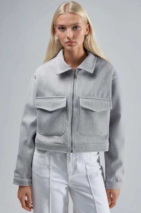 Crop Gabardine Jacket with Zipper and Pocket - Image 1