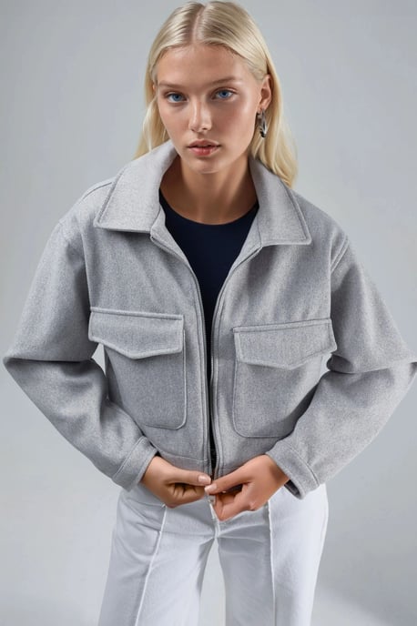 Crop Gabardine Jacket with Zipper and Pocket - Image 2