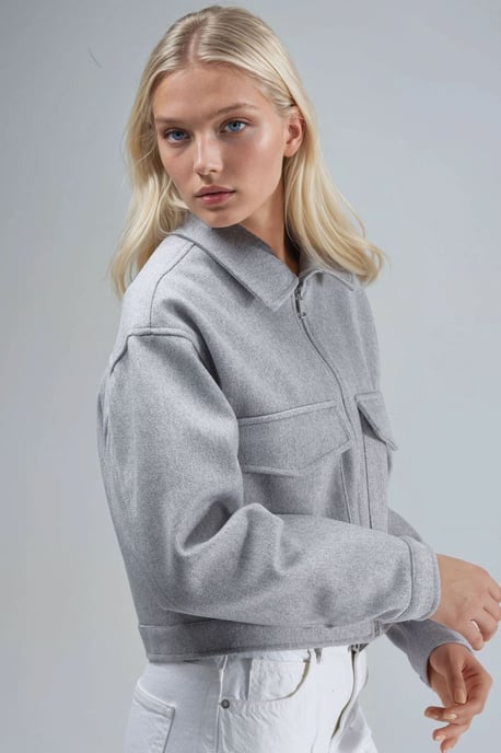 Crop Gabardine Jacket with Zipper and Pocket - Image 3