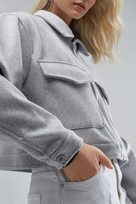 Crop Gabardine Jacket with Zipper and Pocket - Image 6