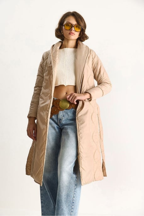 Textured Sjaalkraag Midi Puffer Jack met Striksluiting - Image 2