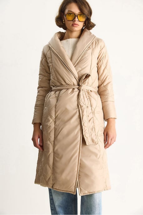 Textured Sjaalkraag Midi Puffer Jack met Striksluiting - Image 6