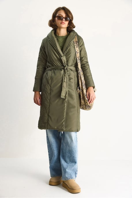 Geweven Sjaalkraag Midi Puffer Jacket met Striksluiting - Image 2