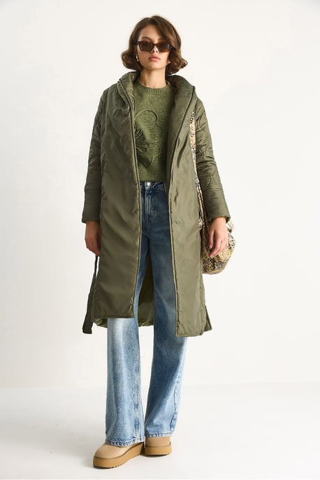 Geweven Sjaalkraag Midi Puffer Jacket met Striksluiting - Image 3