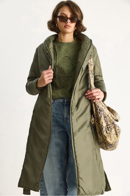 Geweven Sjaalkraag Midi Puffer Jacket met Striksluiting - Image 4