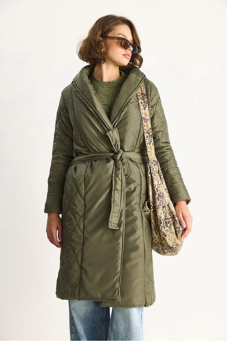Geweven Sjaalkraag Midi Puffer Jacket met Striksluiting - Image 5