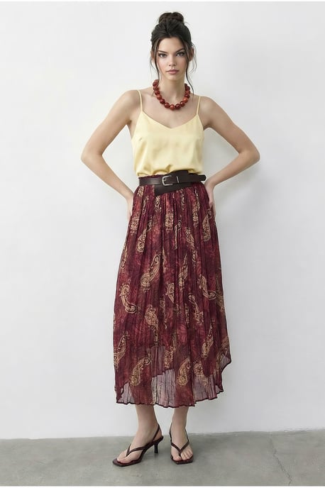 High Waist Paisley Maxi Skirt with Belt - Image 1
