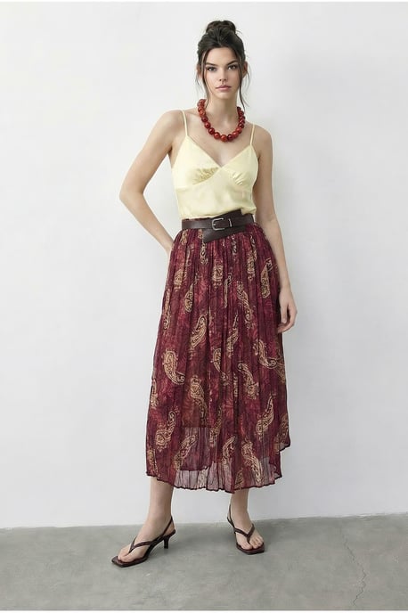 High Waist Paisley Maxi Skirt with Belt - Image 3