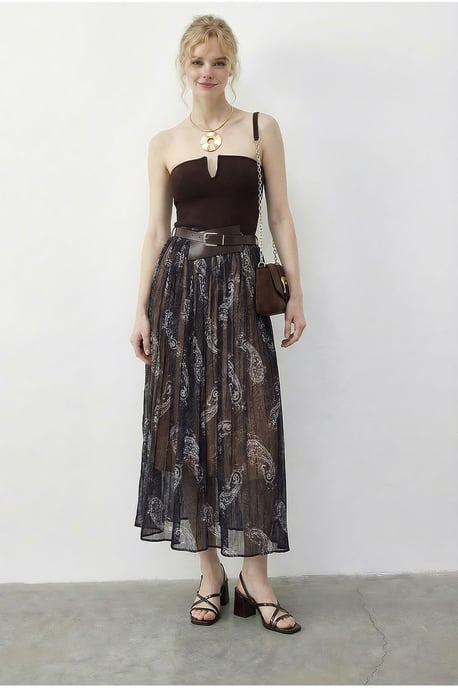 High Waist Paisley Maxi Skirt with Belt - Image 2