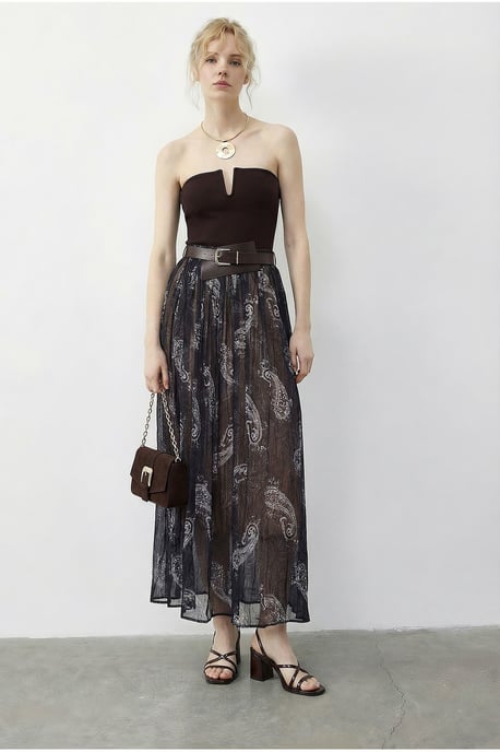 High Waist Paisley Maxi Skirt with Belt - Image 3
