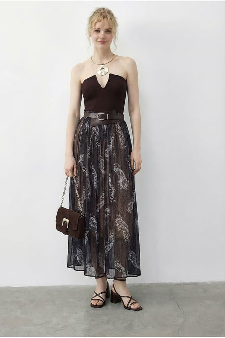 High Waist Paisley Maxi Skirt with Belt - Image 4