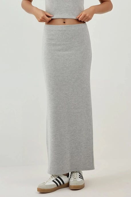 Elastic Waist Soft Textured Skirt with Slit - Image 1