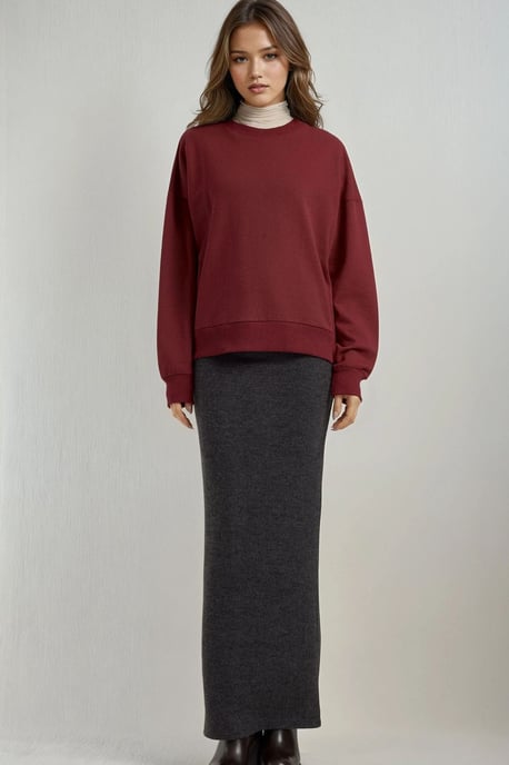Elastic Waist Soft Textured Skirt with Slit - Image 6