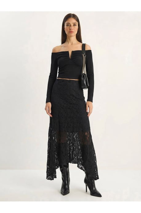 High Waist Lace A-Line Midi Skirt - Image 1