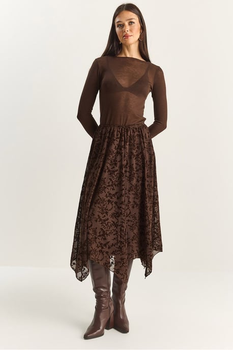High Waist Asymmetric Midi Skirt - Image 1