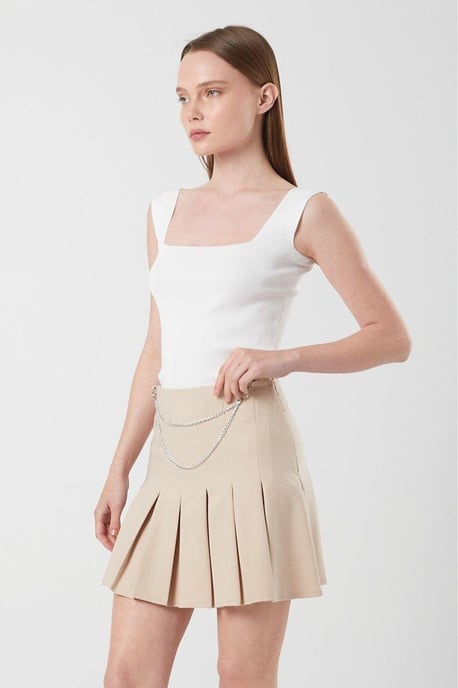 Hoge Taille Plissé Minirok met Kettingdetails - Image 2