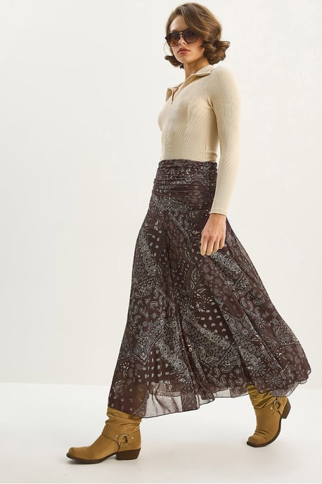 High Waist Ethnic Print Midi Skirt - Image 1