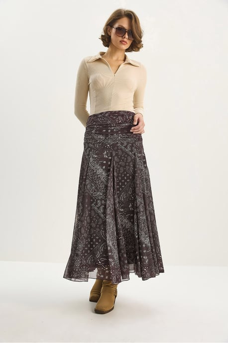 High Waist Ethnic Print Midi Skirt - Image 2
