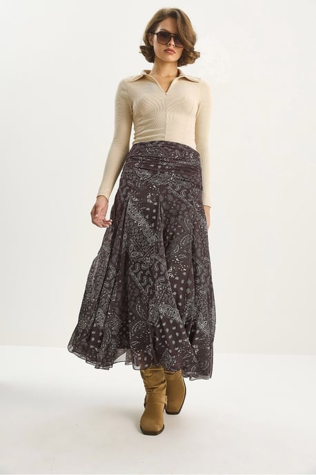 High Waist Ethnic Print Midi Skirt - Image 3