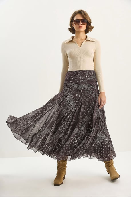 High Waist Ethnic Print Midi Skirt - Image 5