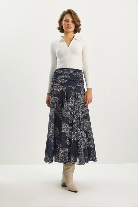 High Waist Ethnic Print Midi Skirt - Image 2
