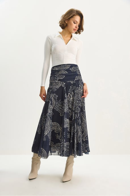 High Waist Ethnic Print Midi Skirt - Image 3