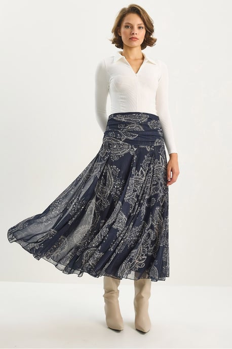 High Waist Ethnic Print Midi Skirt - Image 4