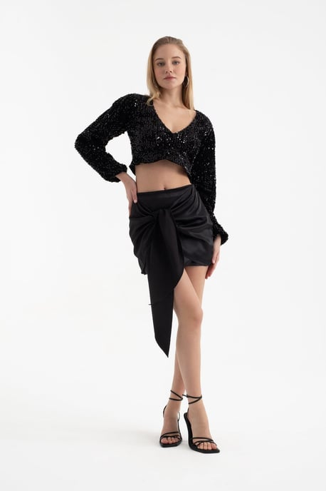 Satin High Waist Tie Up Mini Skirt - Image 4