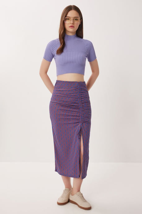 Hoge taille geometrische print midi bodycon rok met split - Image 2