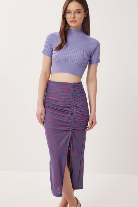 Hoge taille geometrische print midi bodycon rok met split - Image 3