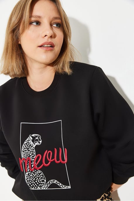 Leopardprint Geborduurde Ronde Hals Sweatshirt - Image 2