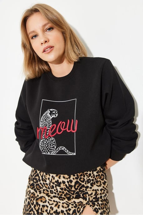 Leopardprint Geborduurde Ronde Hals Sweatshirt - Image 3