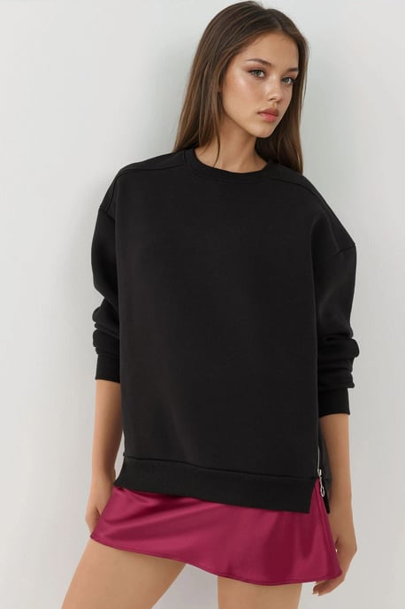 Textured Crew Neck Sweatshirt with Zipper Detail - Image 3
