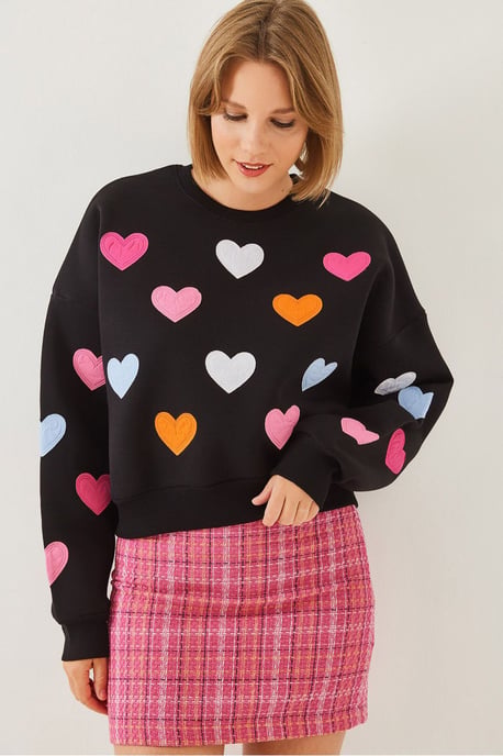Geborduurd Hart Patroon Ronde Hals Sweatshirt - Image 3