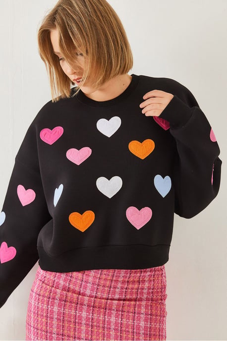 Geborduurd Hart Patroon Ronde Hals Sweatshirt - Image 4