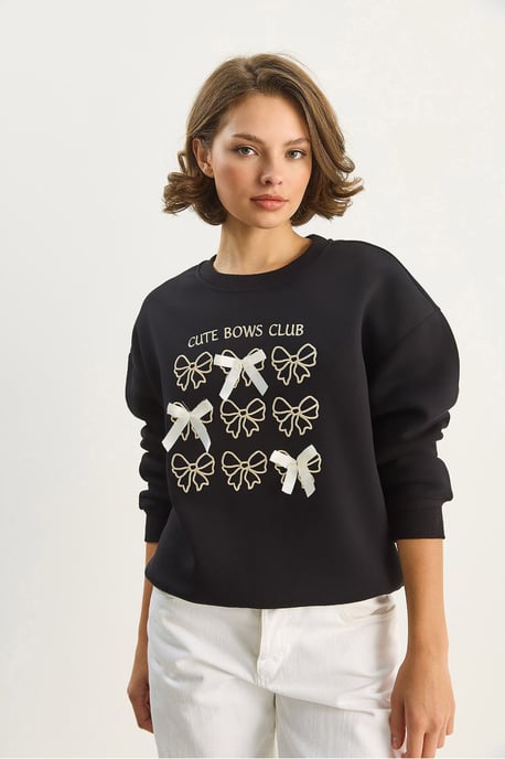 Ribbed Printed Crew Neck Long Sleeve Sweatshirt - Image 2