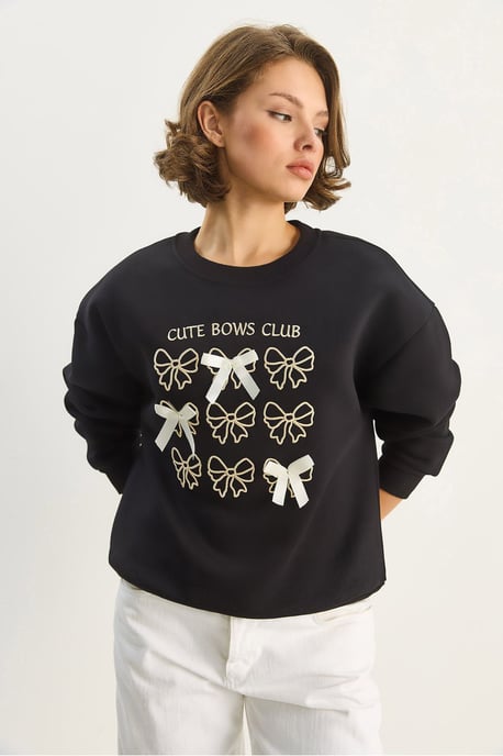 Ribbed Printed Crew Neck Long Sleeve Sweatshirt - Image 3