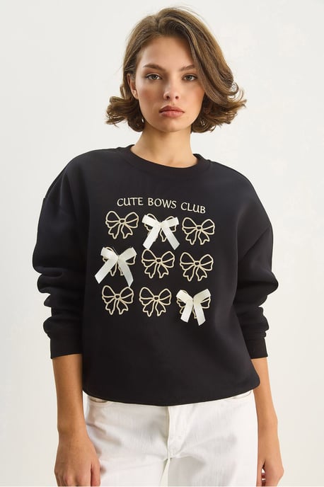 Ribbed Printed Crew Neck Long Sleeve Sweatshirt - Image 4