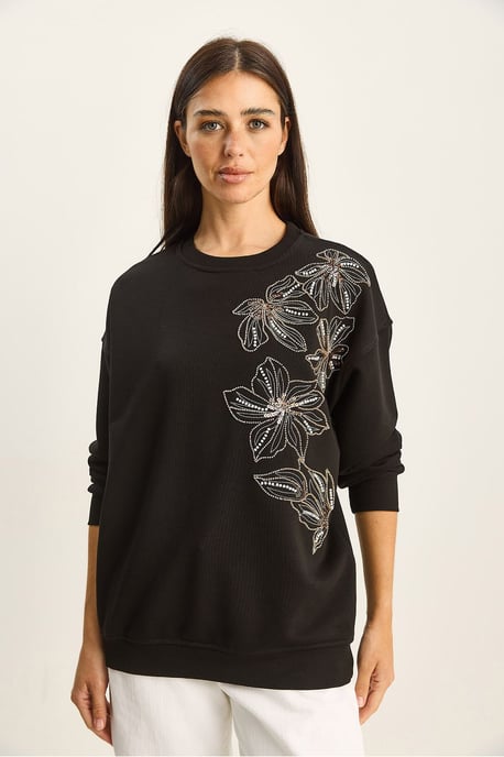 Bloemversierde Ronde Hals Relaxed Fit Sweatshirt - Image 6