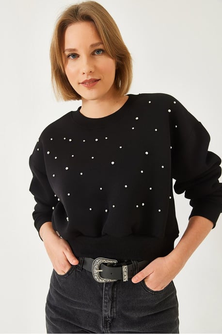 Patterned Crew Neck Pullover with Pompom - Image 2