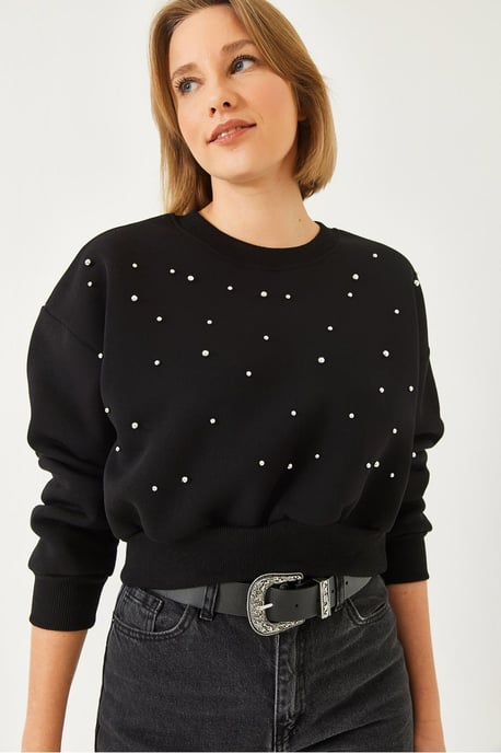 Patterned Crew Neck Pullover with Pompom - Image 3