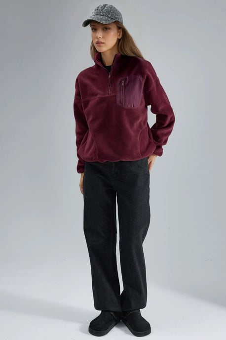 Ritskraag Pluche Gebreide Sweatshirt met Zak - Image 4