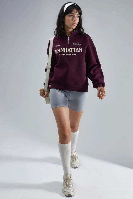 Oversized Text Print Zipper Collar Sweatshirt - Image 5
