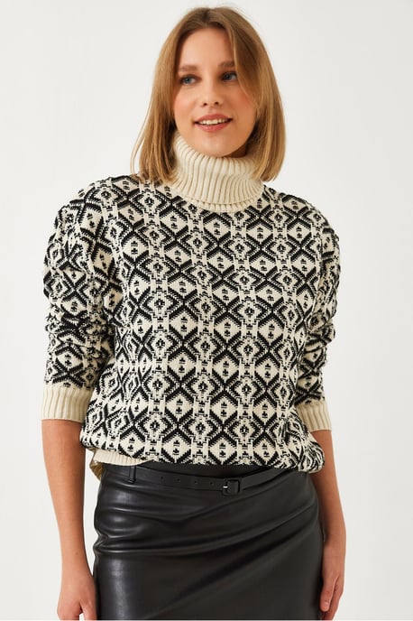 Geometrisk Stickad Cropptröja med Högt Halsband - Image 1