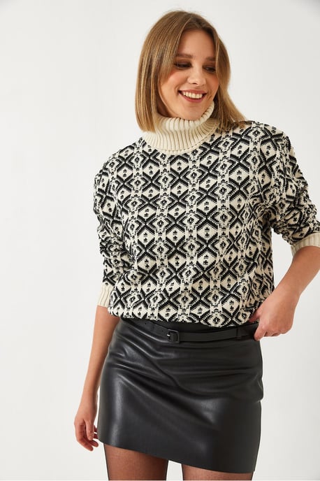 Geometrisk Stickad Cropptröja med Högt Halsband - Image 6