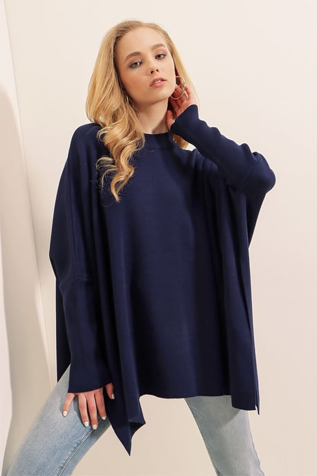 Slit Detailed Half Turtleneck Loose Sweater - Image 1