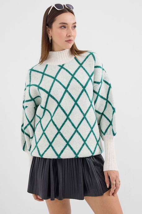 Oversized Geometric Pattern Turtleneck Sweater - Image 3