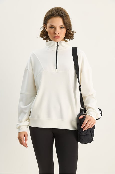 Relaxed Fit Zipper Collar Knitted Sweatshirt - Image 3